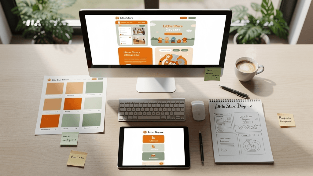 Web design workspace with monitor showing Little Stars Daycare website mockup, color swatches, wireframes, and design materials