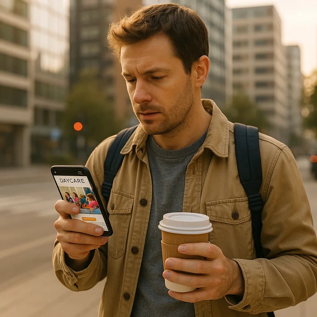 Parent browsing daycare websites on smartphone while multitasking