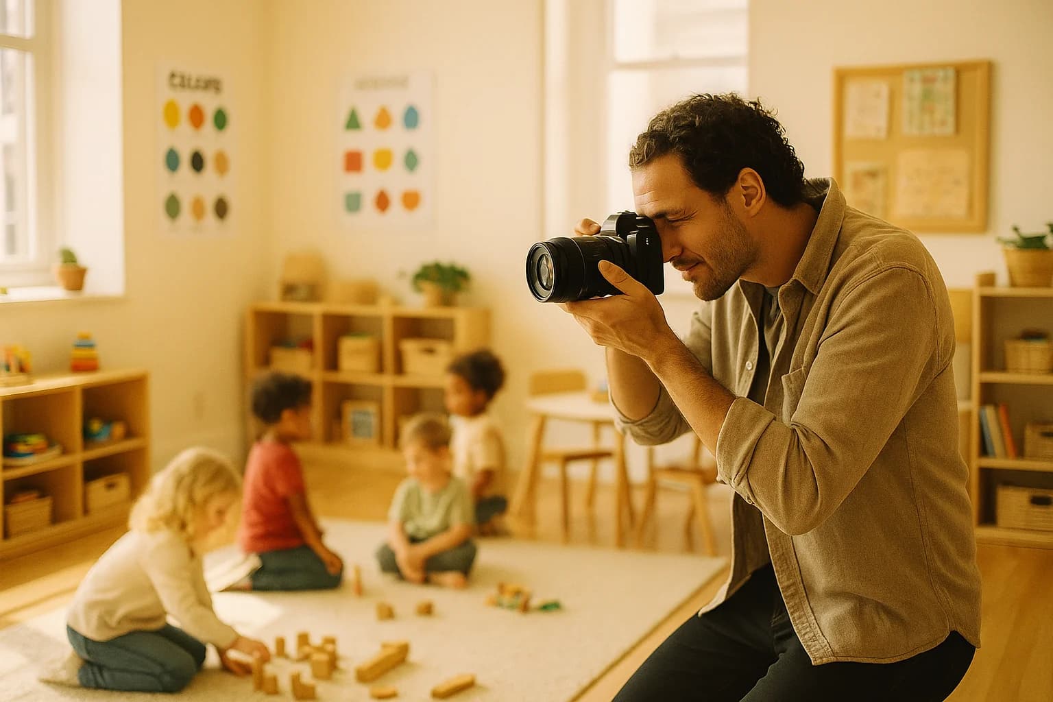 Professional photographer capturing authentic moments at a daycare center