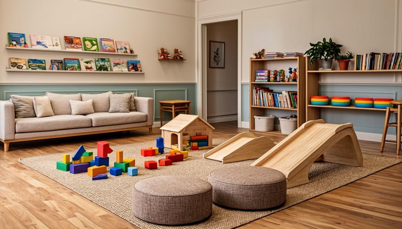 Bright, clean daycare playroom with educational toys