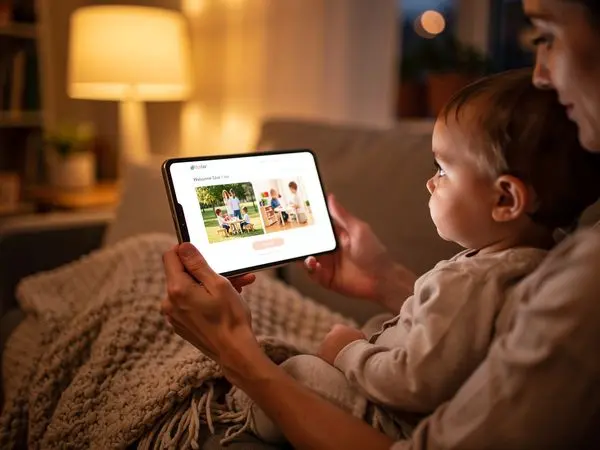 Mother browsing daycare site on phone