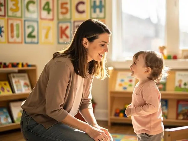 Teacher engaging with child at eye level in warm daycare setting