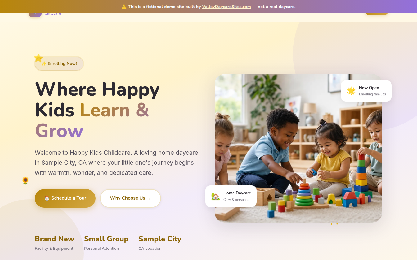 Happy Kids Childcare home daycare website demo with purple theme and contact form