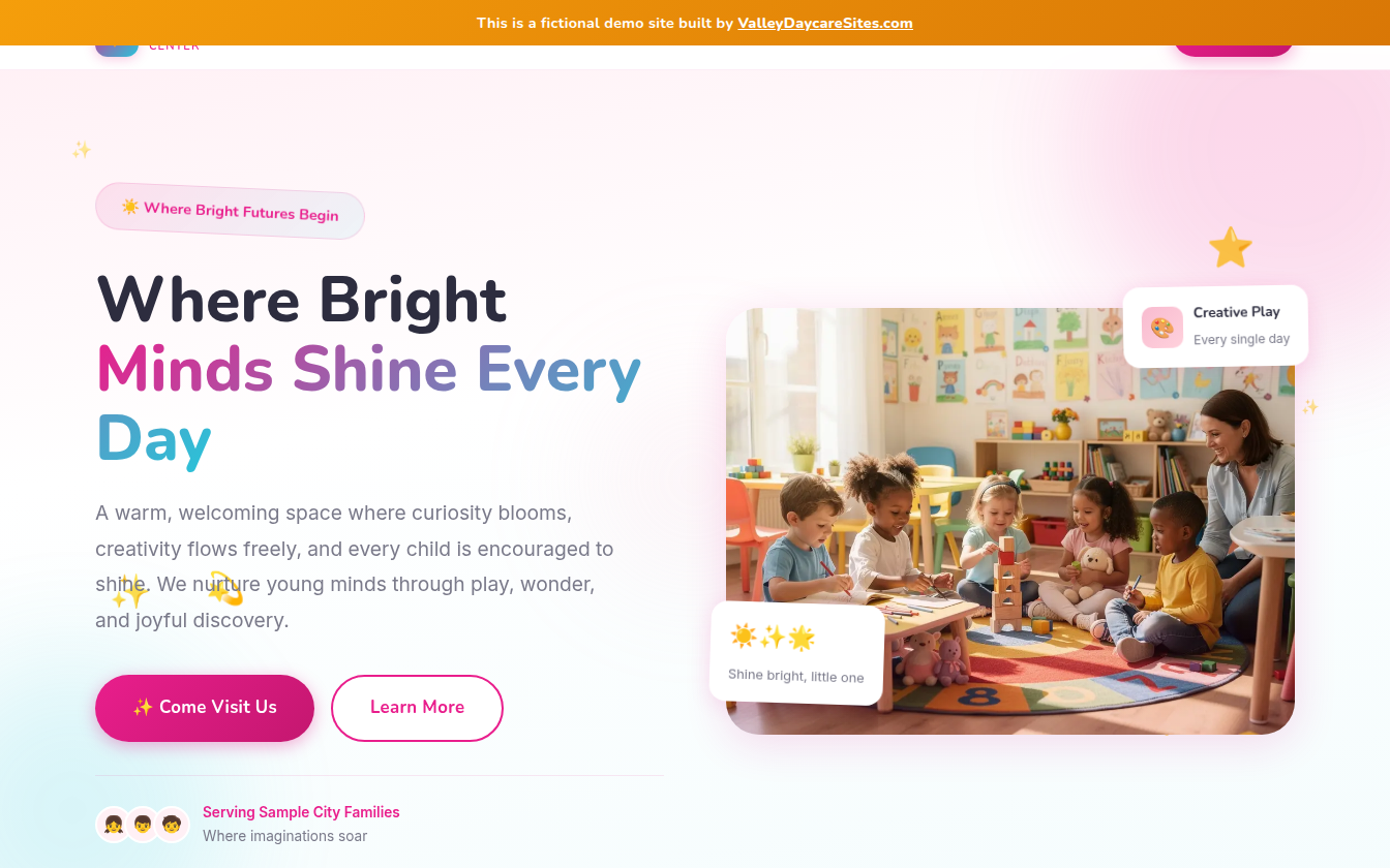 Sunshine Learning Center preschool website demo with amber orange theme and tour booking